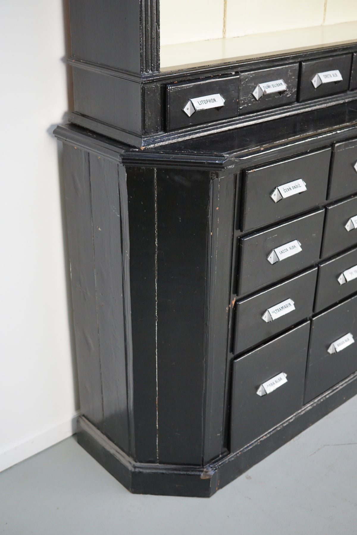 Large Pair of Antique Black Painted Apothecary Cabinets, Eastern Europe 1910s