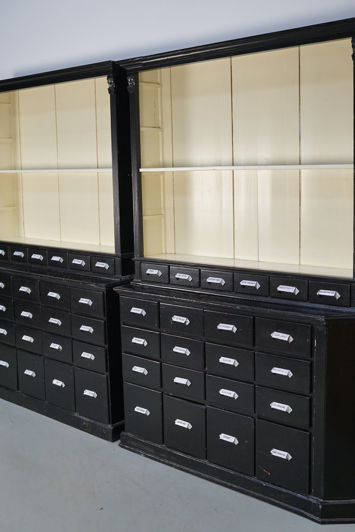Large Pair of Antique Black Painted Apothecary Cabinets, Eastern Europe 1910s