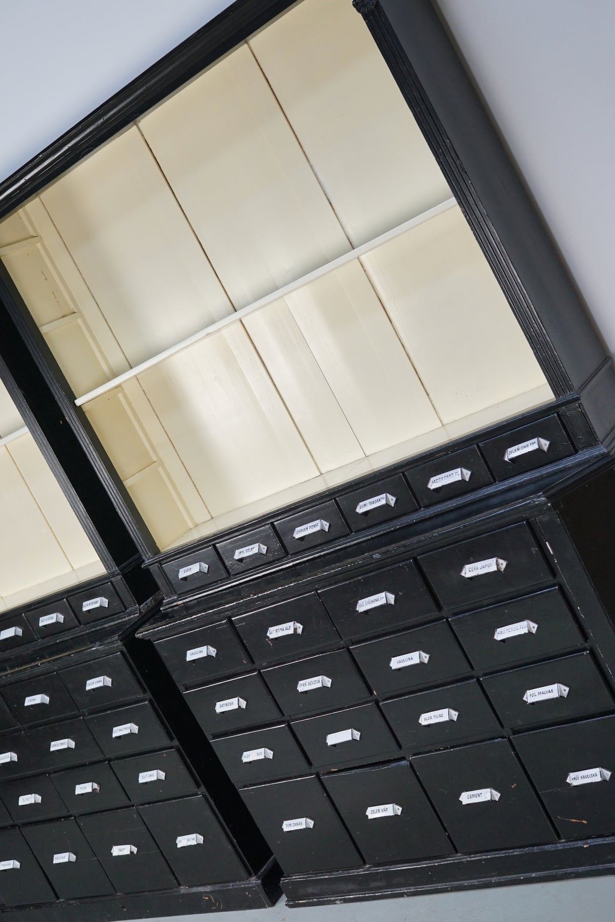 Large Pair of Antique Black Painted Apothecary Cabinets, Eastern Europe 1910s