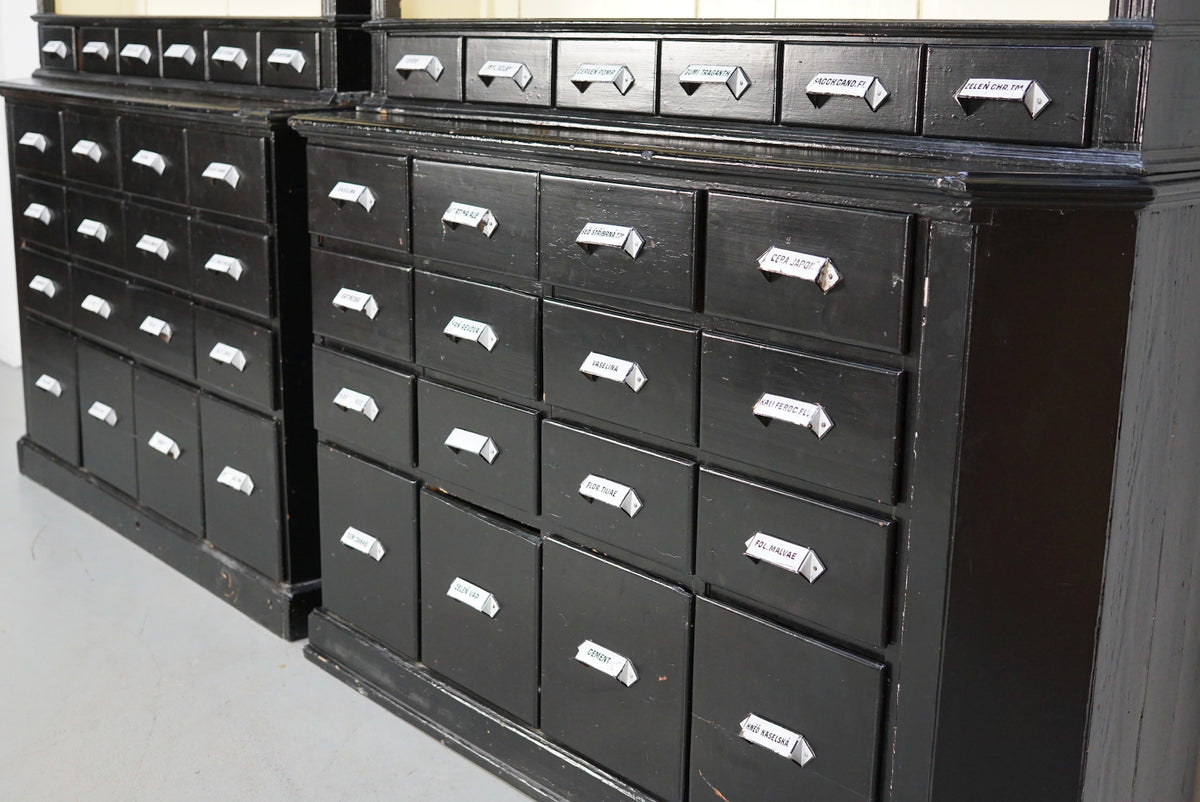 Large Pair of Antique Black Painted Apothecary Cabinets, Eastern Europe 1910s