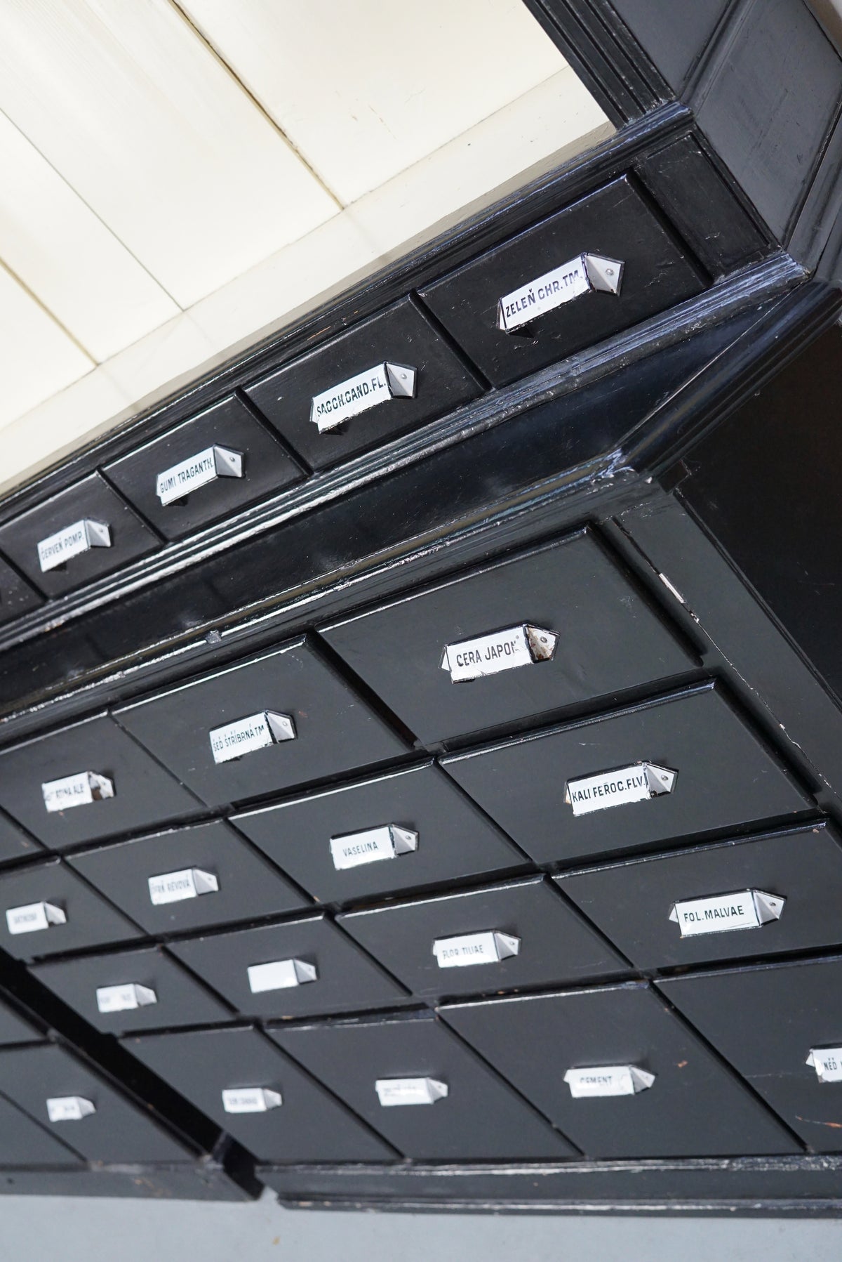 Large Pair of Antique Black Painted Apothecary Cabinets, Eastern Europe 1910s