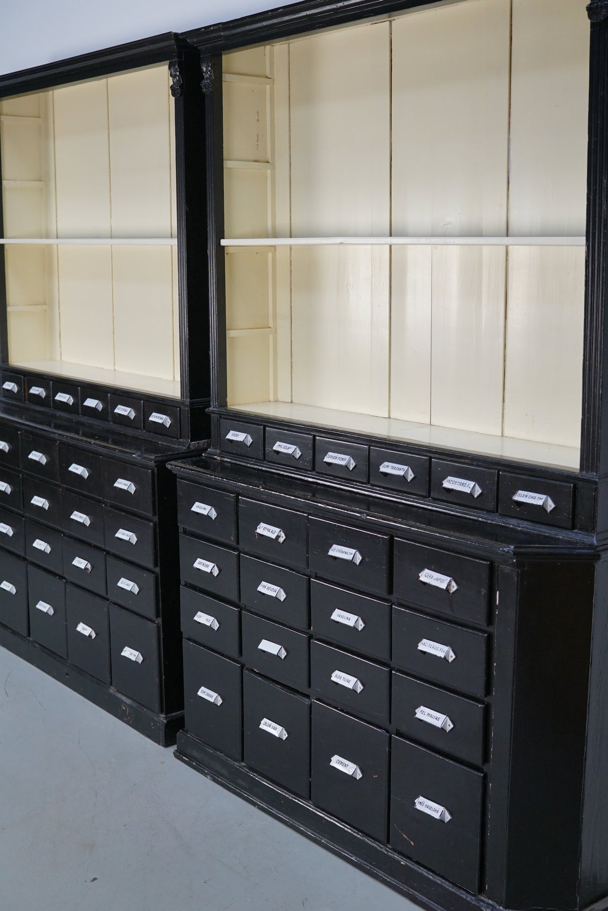 Large Pair of Antique Black Painted Apothecary Cabinets, Eastern Europe 1910s