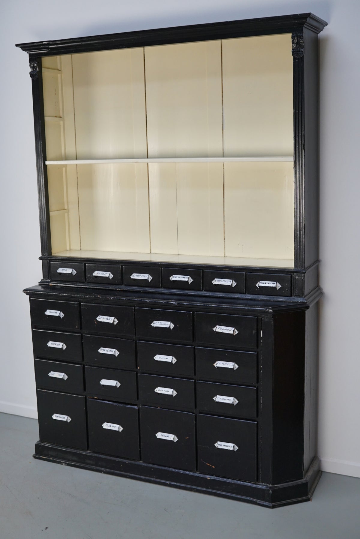 Large Pair of Antique Black Painted Apothecary Cabinets, Eastern Europe 1910s