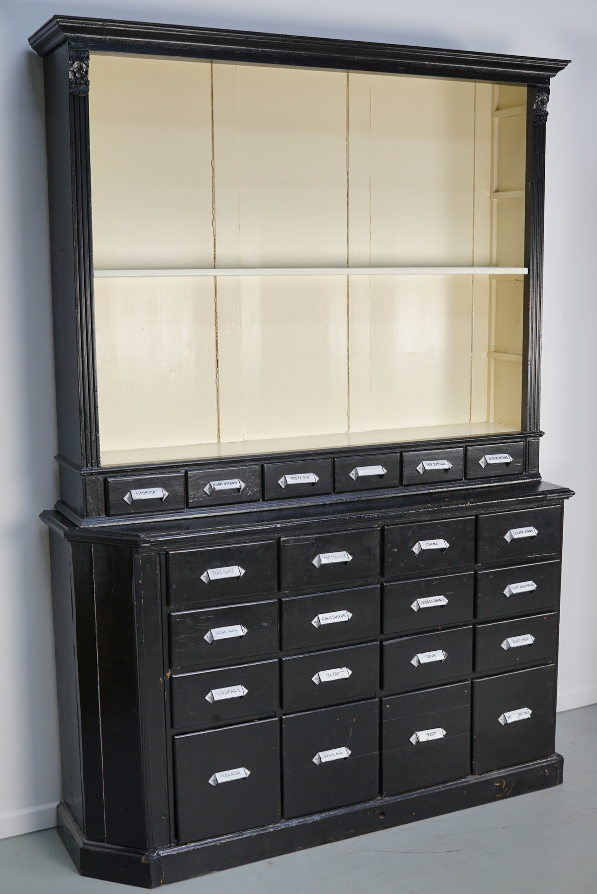 Large Pair of Antique Black Painted Apothecary Cabinets, Eastern Europe 1910s