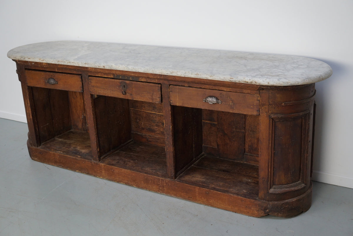 Antique Dutch Pitch Pine & Marble Shop Counter Cabinet / Kitchen Island, 19thc
