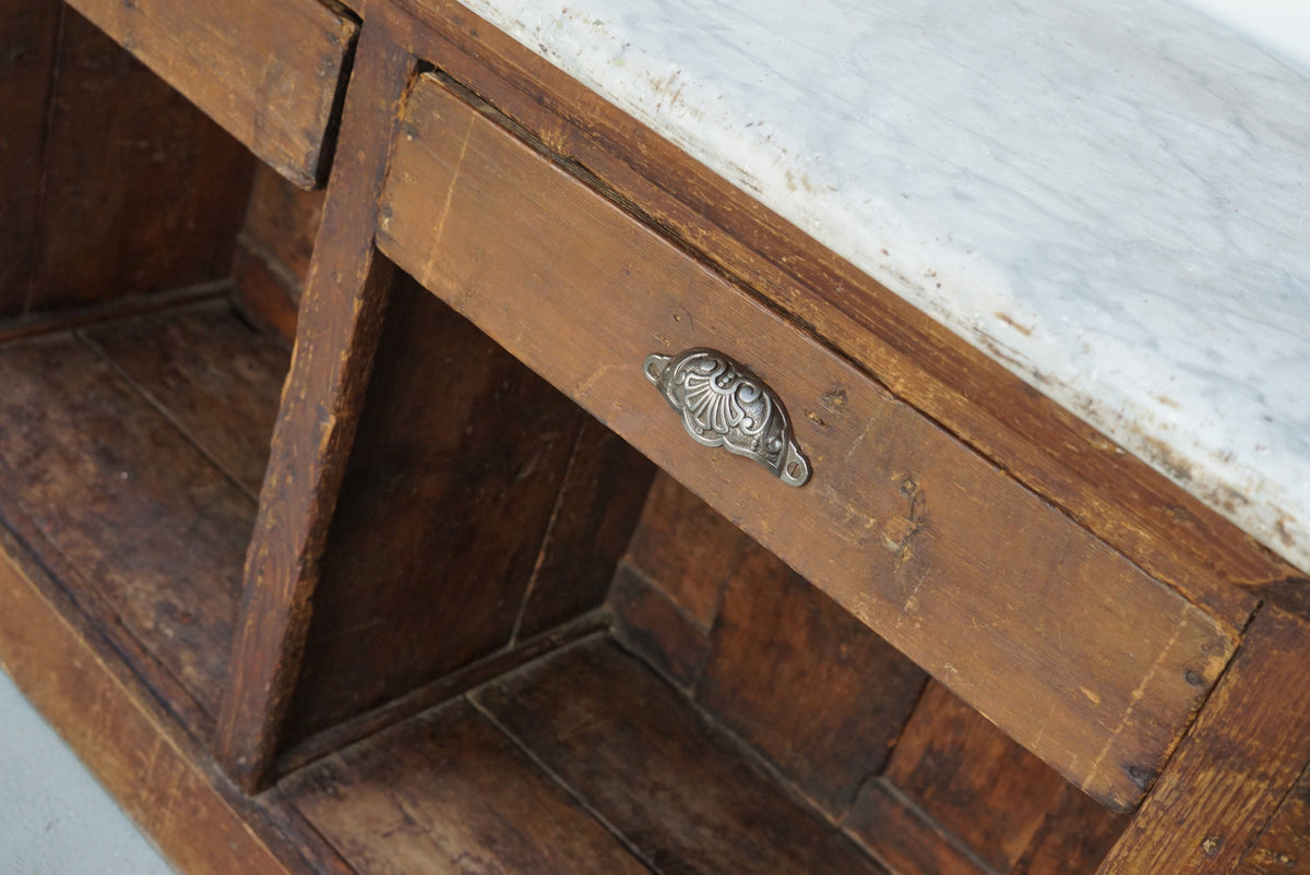 Antique Dutch Pitch Pine & Marble Shop Counter Cabinet / Kitchen Island, 19thc