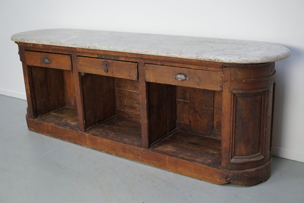 Antique Dutch Pitch Pine & Marble Shop Counter Cabinet / Kitchen Island, 19thc