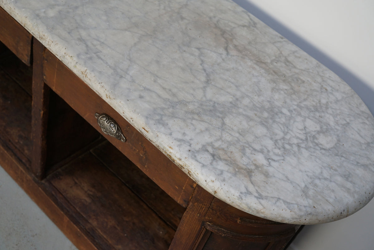 Antique Dutch Pitch Pine & Marble Shop Counter Cabinet / Kitchen Island, 19thc