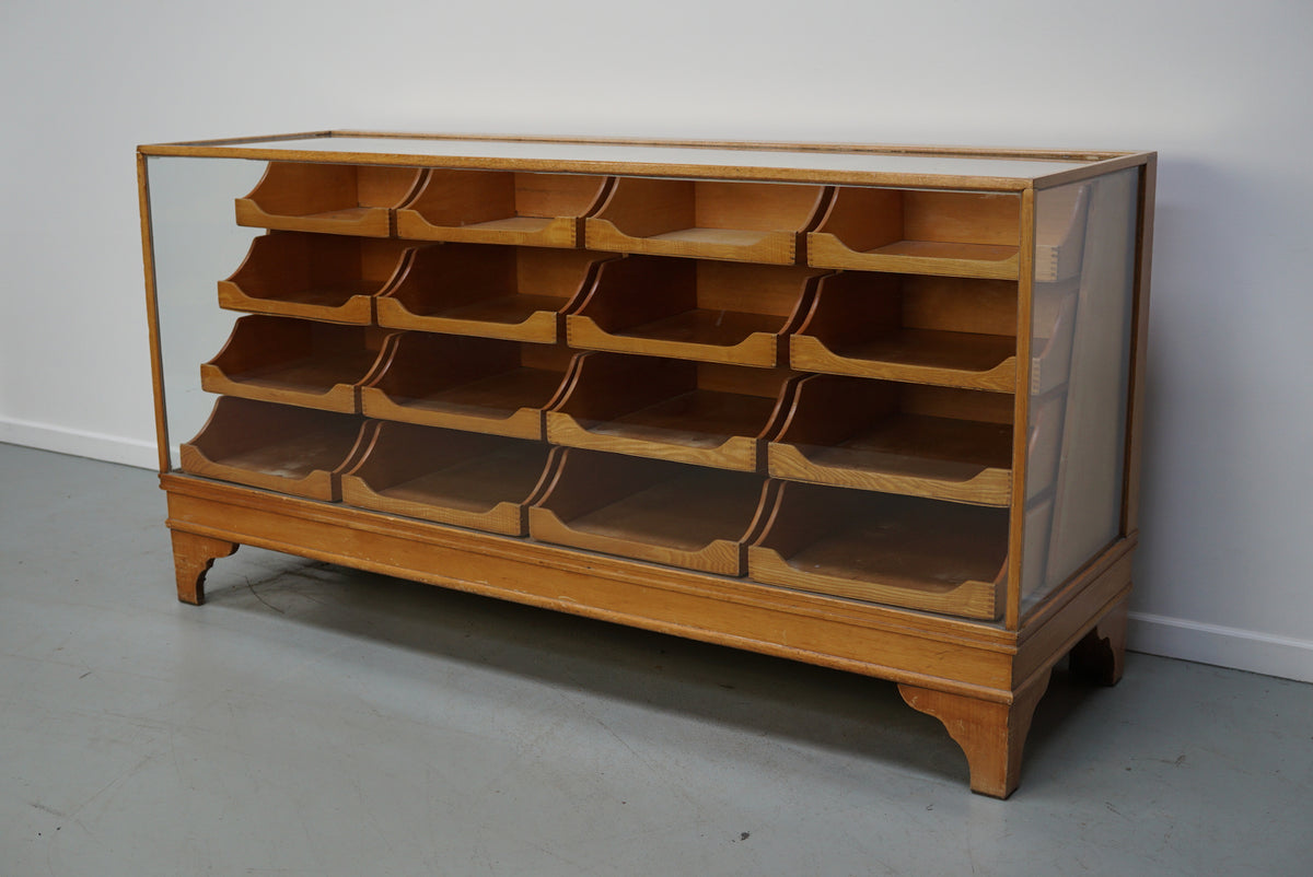 Antique English Beech Glass Shop Counter Cabinet / Vitrine, circa 1920-1930s