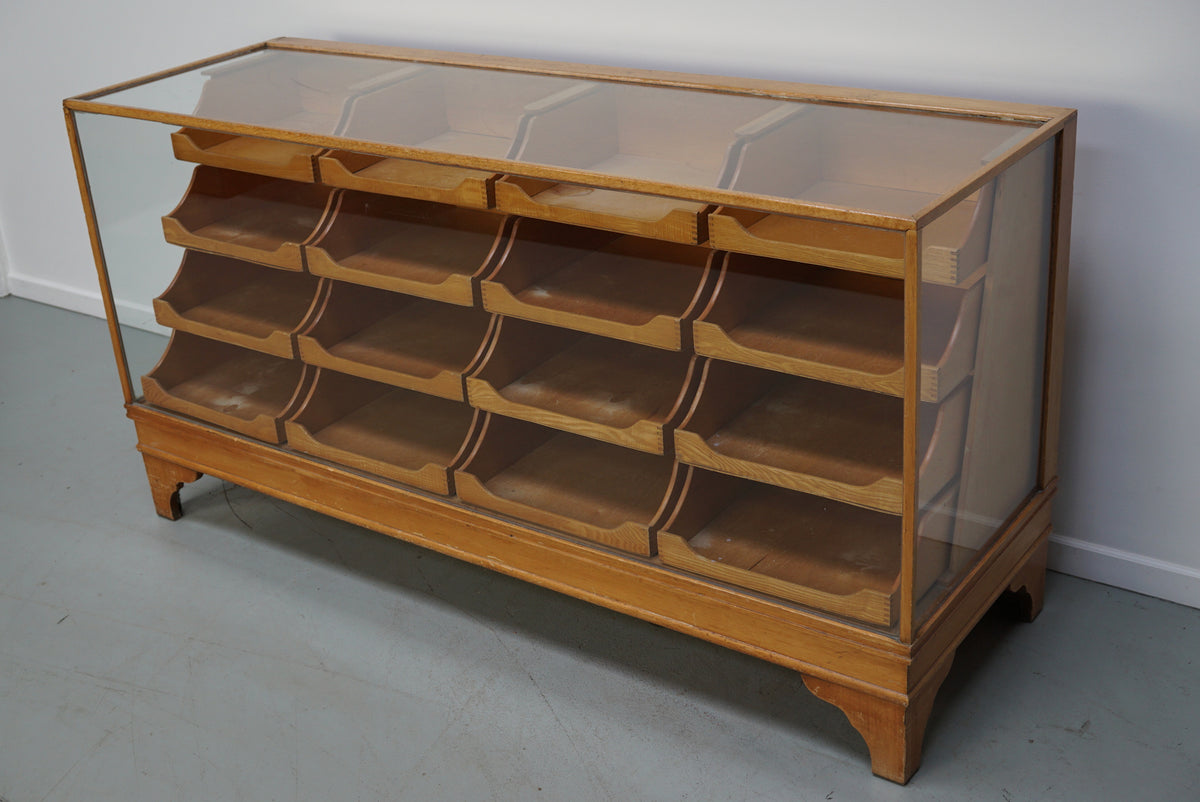 Antique English Beech Glass Shop Counter Cabinet / Vitrine, circa 1920-1930s