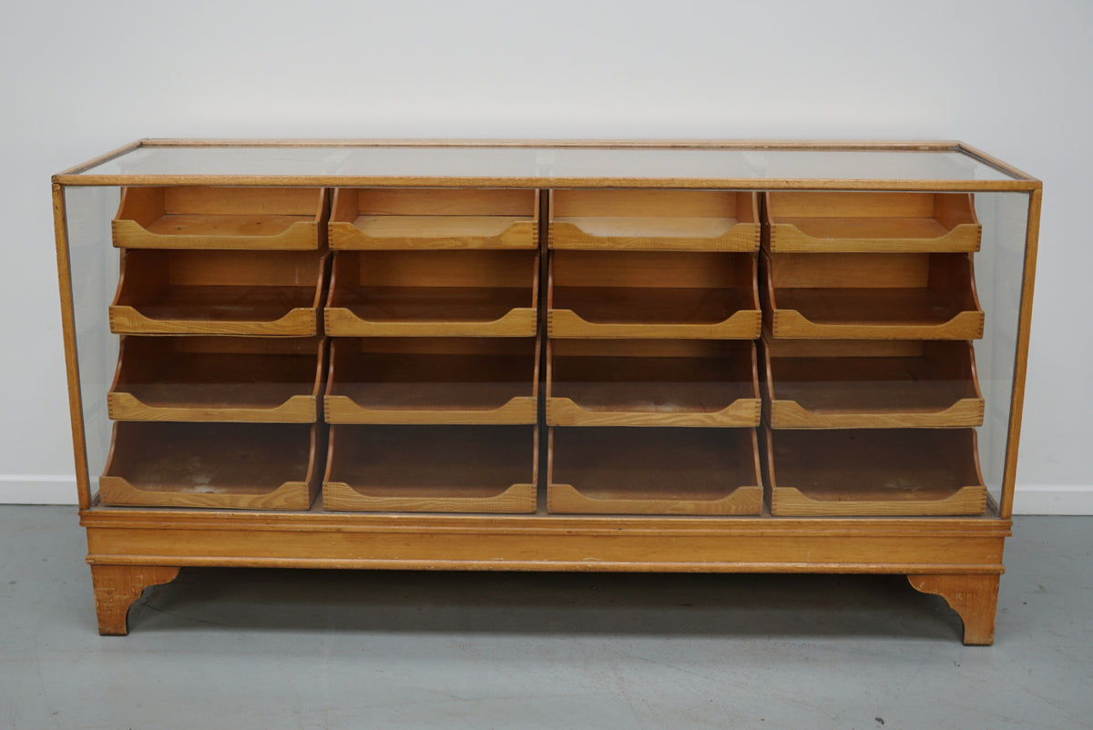 Antique English Beech Glass Shop Counter Cabinet / Vitrine, circa 1920-1930s