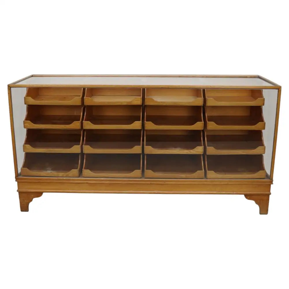 Antique English Beech Glass Shop Counter Cabinet / Vitrine, circa 1920-1930s