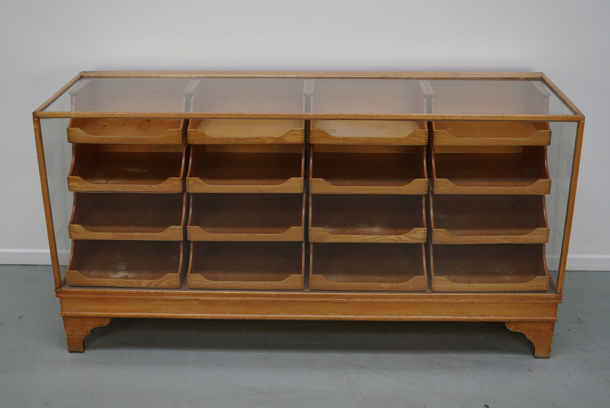 Antique English Beech Glass Shop Counter Cabinet / Vitrine, circa 1920-1930s