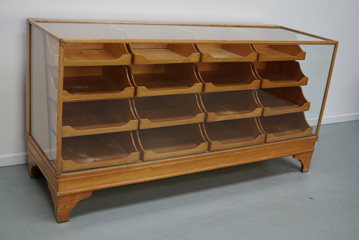Antique English Beech Glass Shop Counter Cabinet / Vitrine, circa 1920-1930s
