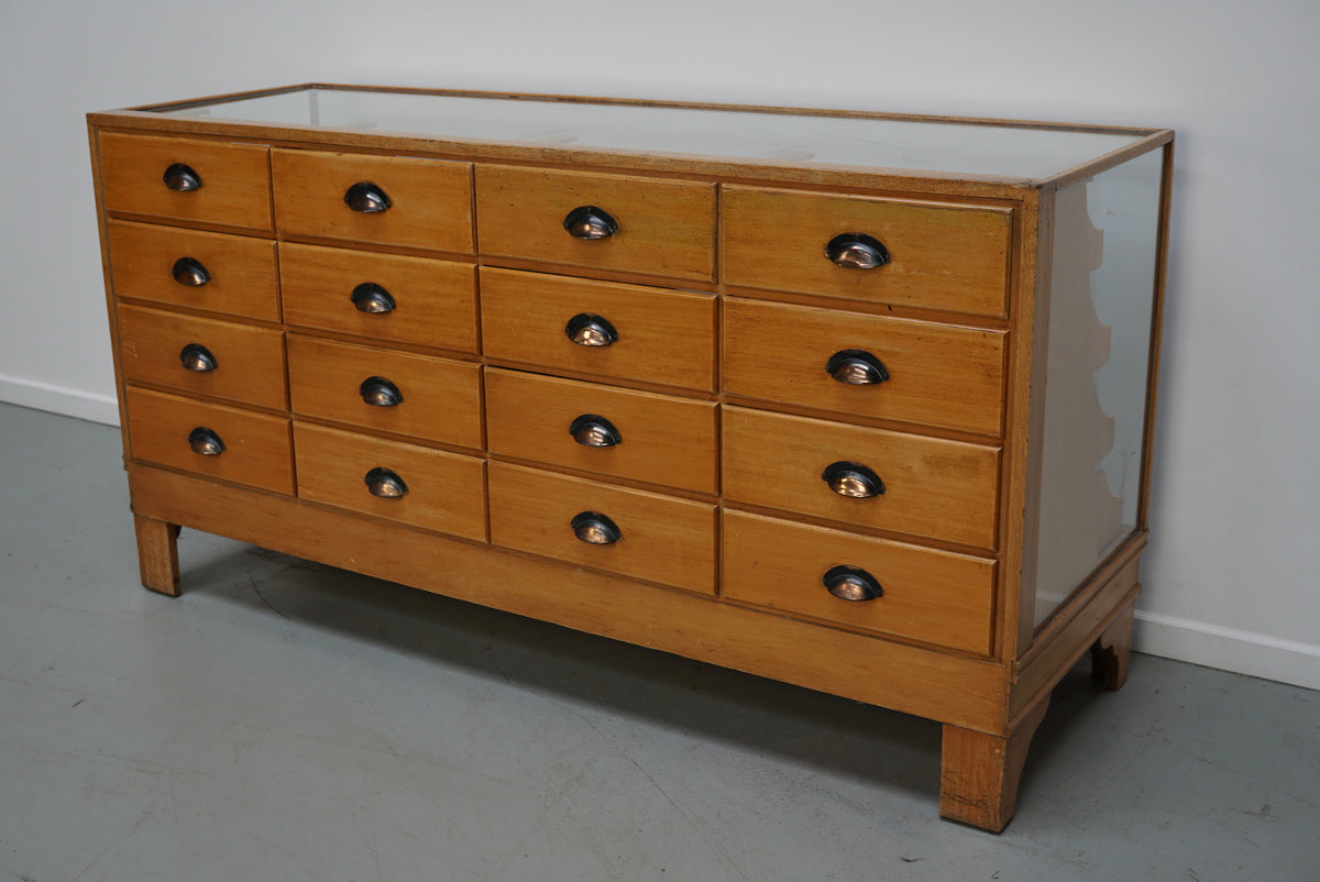Antique English Beech Glass Shop Counter Cabinet / Vitrine, circa 1920-1930s