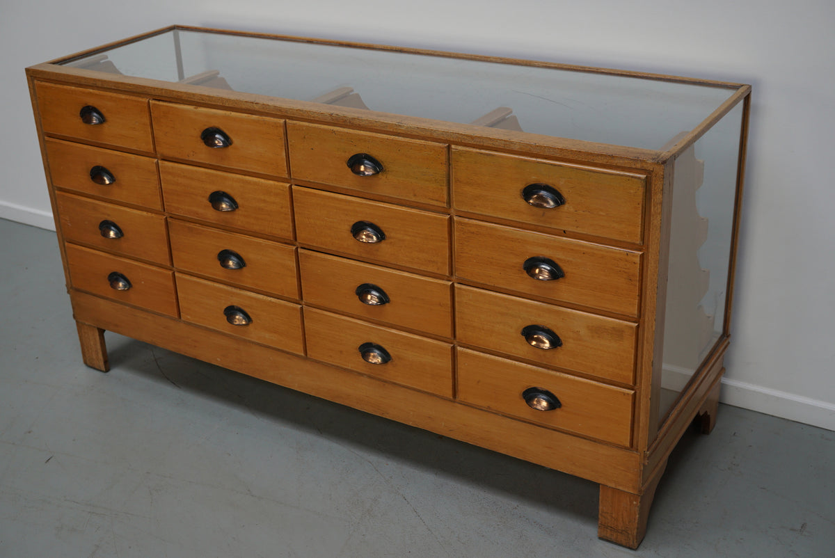 Antique English Beech Glass Shop Counter Cabinet / Vitrine, circa 1920-1930s