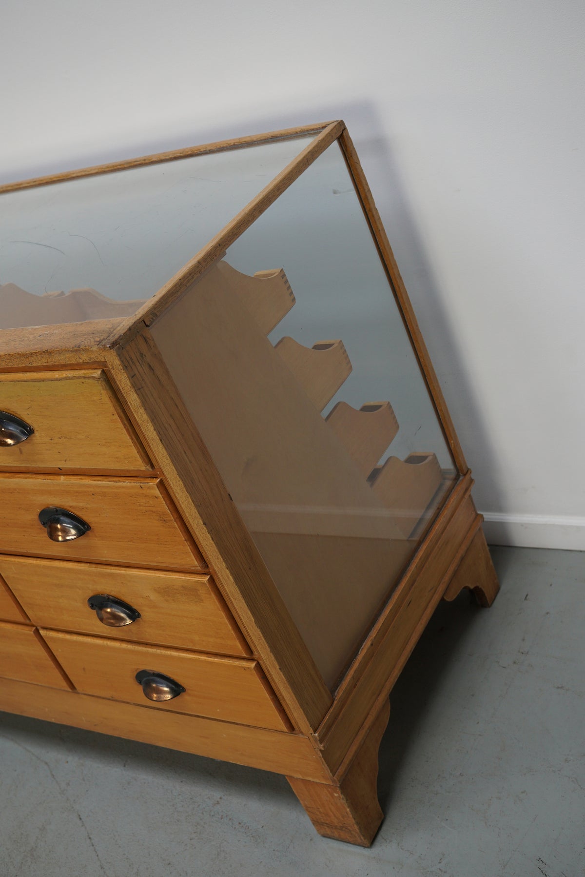 Antique English Beech Glass Shop Counter Cabinet / Vitrine, circa 1920-1930s