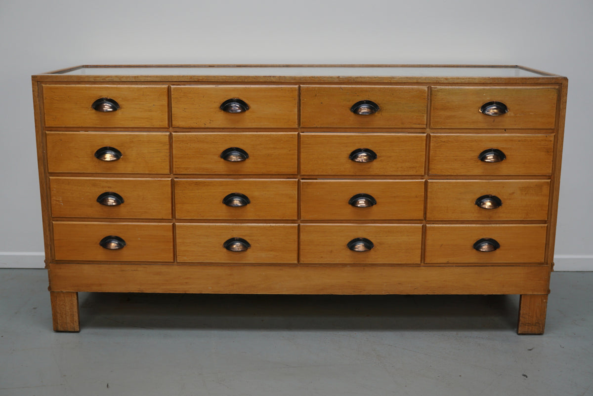 Antique English Beech Glass Shop Counter Cabinet / Vitrine, circa 1920-1930s