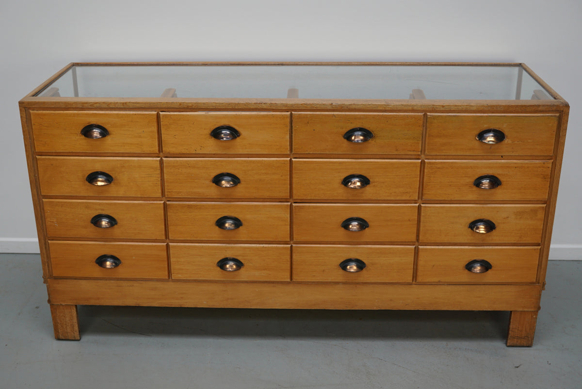 Antique English Beech Glass Shop Counter Cabinet / Vitrine, circa 1920-1930s
