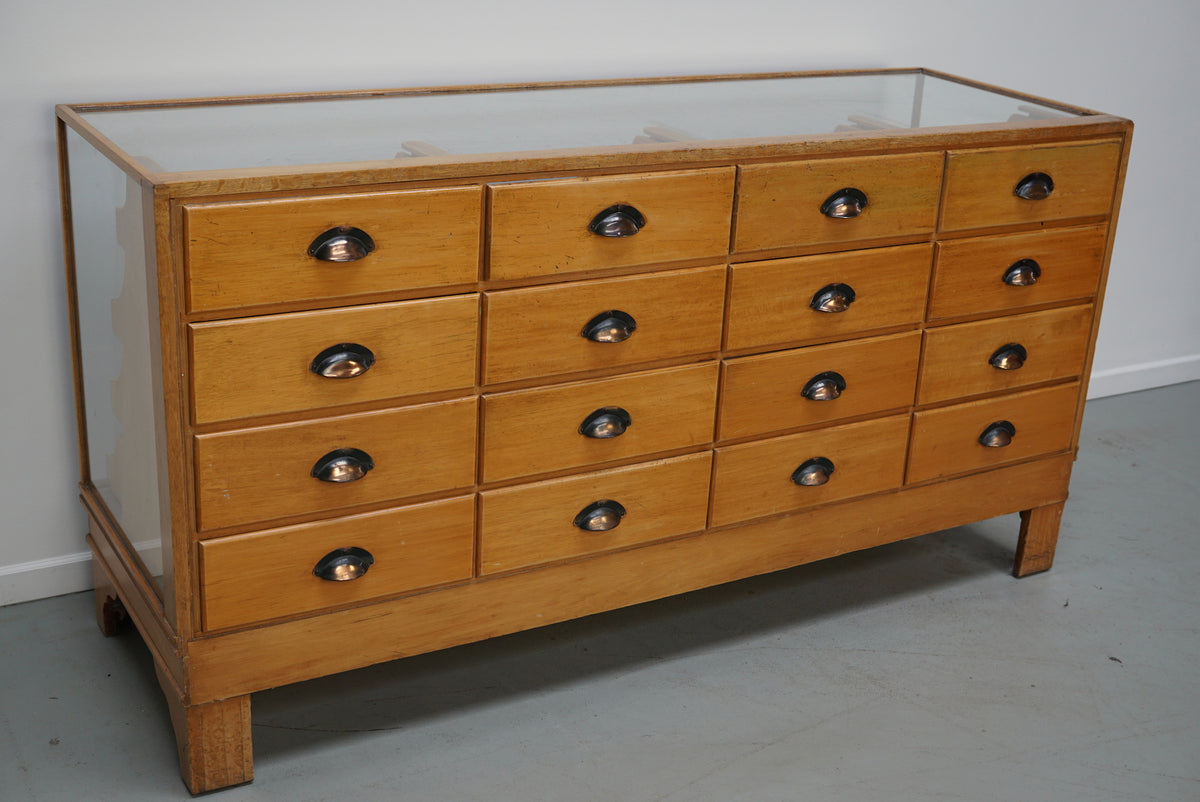 Antique English Beech Glass Shop Counter Cabinet / Vitrine, circa 1920-1930s