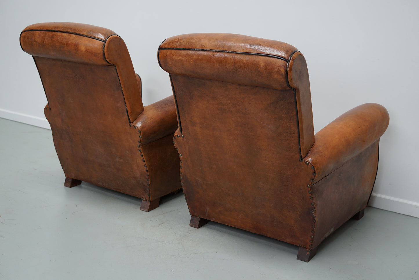 Pair of Vintage French Cognac Leather Club Chairs, Set of 2