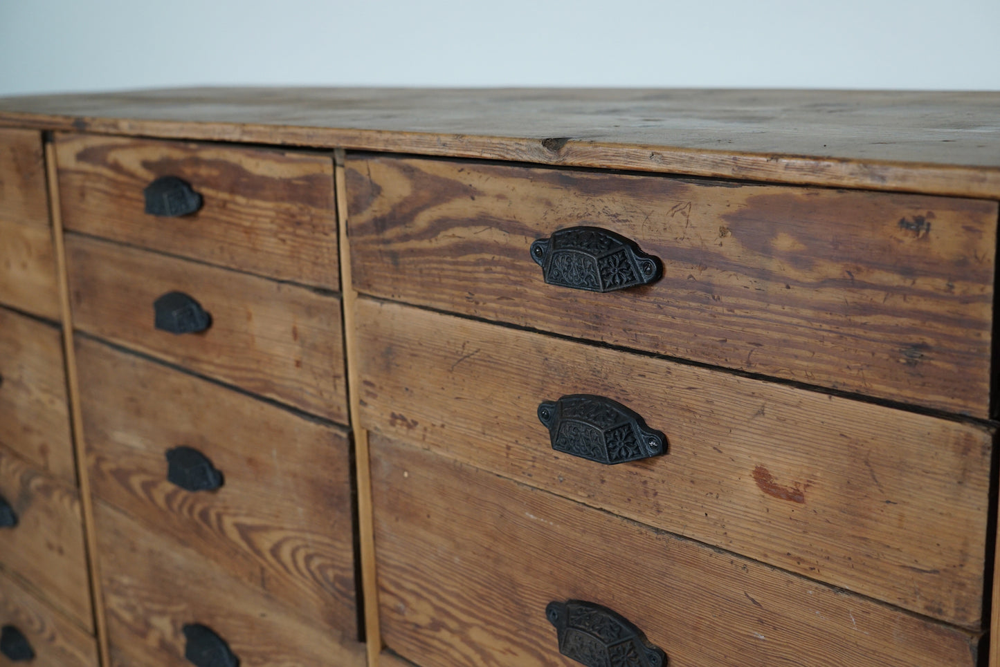 Antique Rustic German Pine Apothecary Cabinet / Bank of Drawers, 1900s