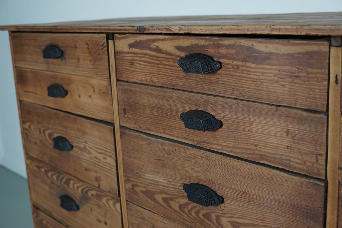 Antique Rustic German Pine Apothecary Cabinet / Bank of Drawers, 1900s