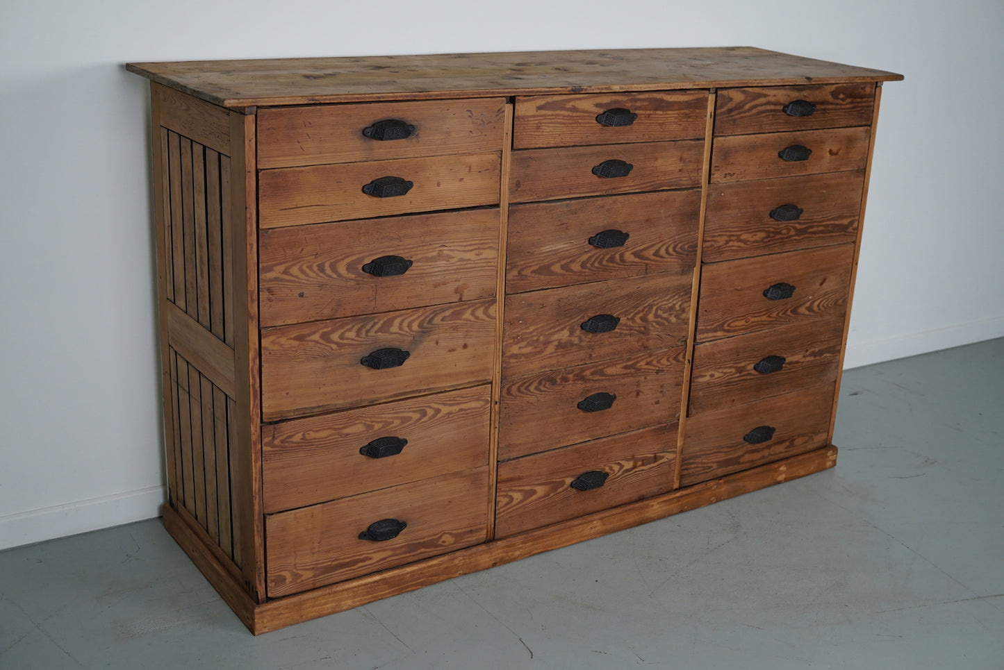 Antique Rustic German Pine Apothecary Cabinet / Bank of Drawers, 1900s