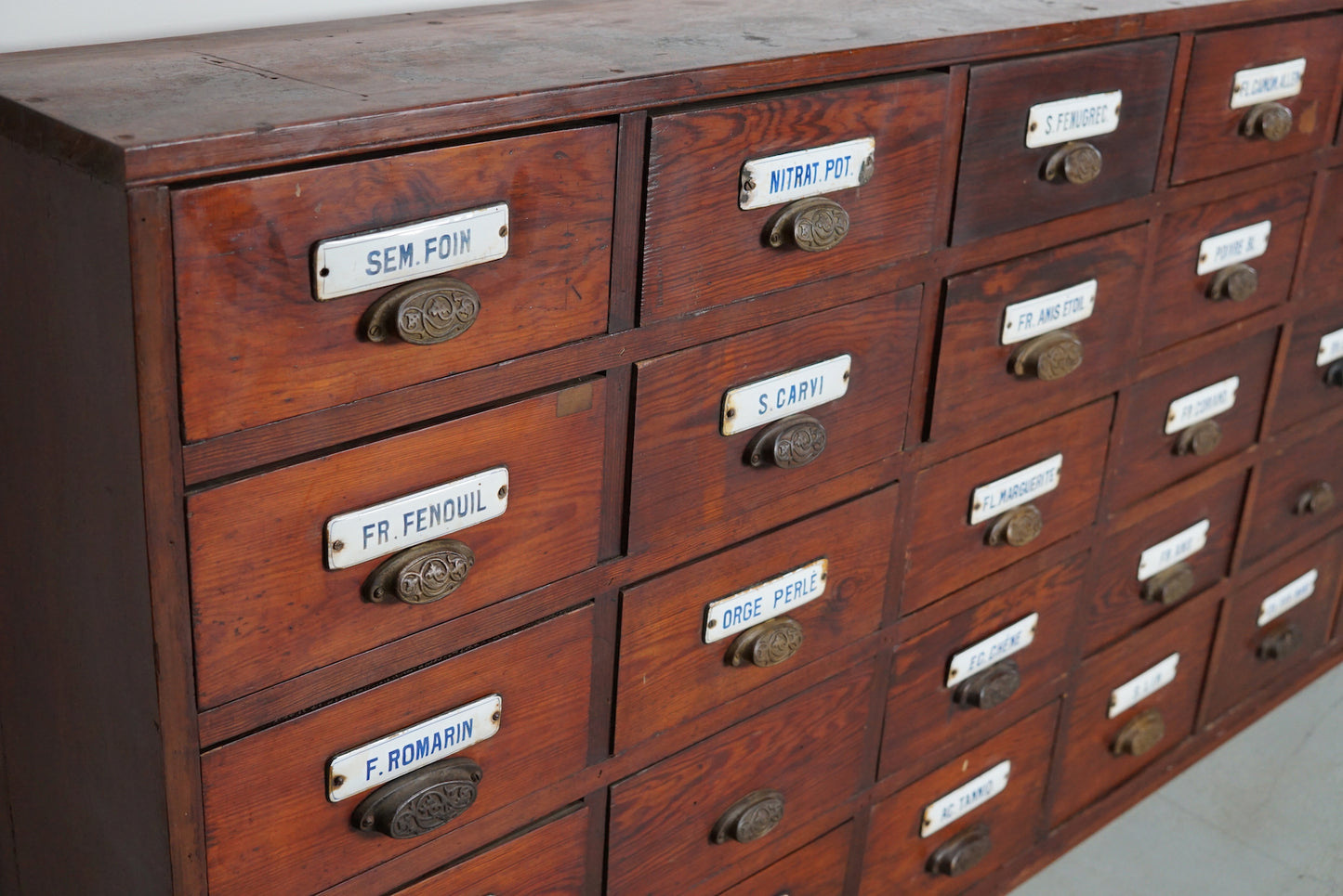 Large Antique Belgian Pitch Pine Apothecary Cabinet with Enamel Shields, 1900s