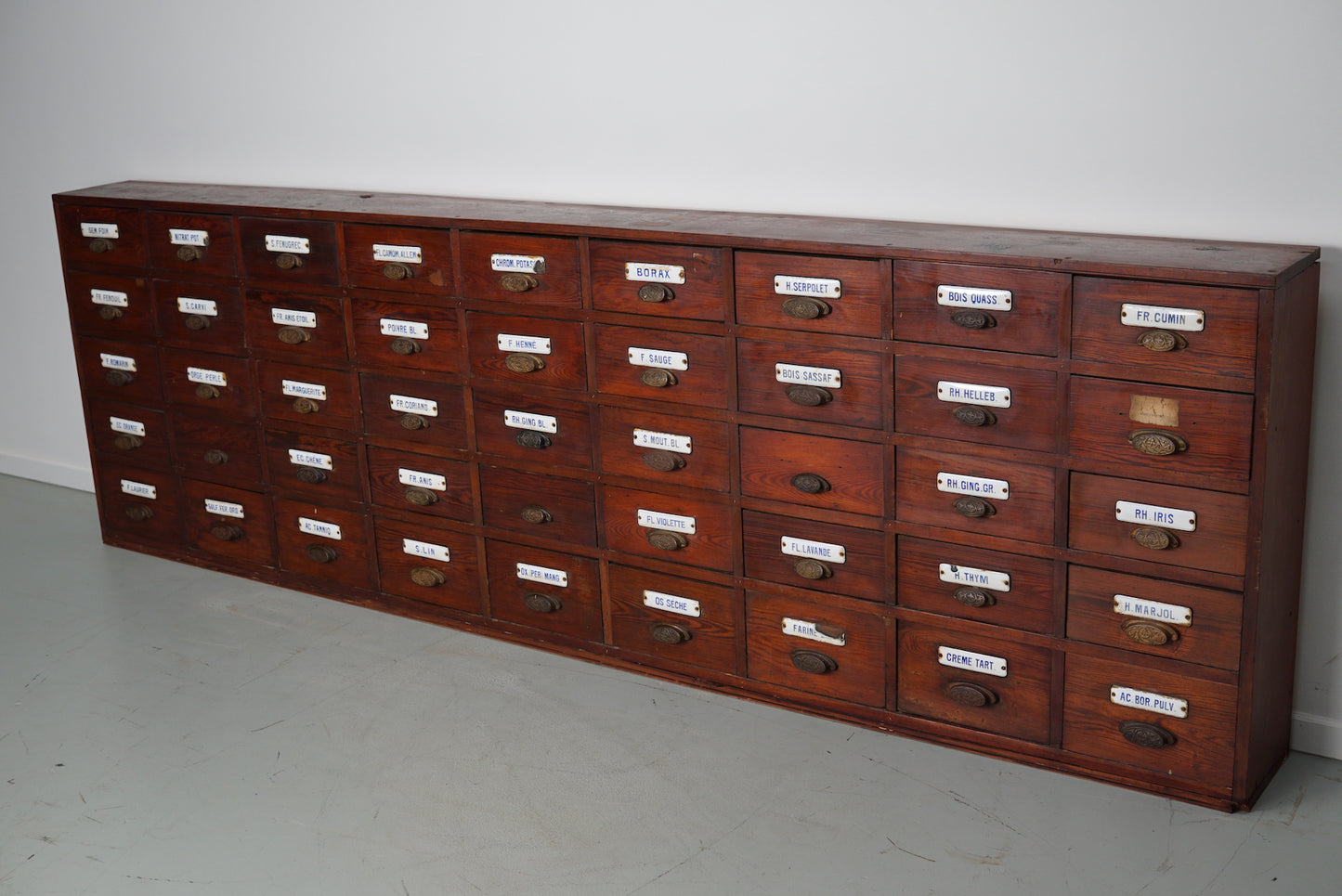 Large Antique Belgian Pitch Pine Apothecary Cabinet with Enamel Shields, 1900s
