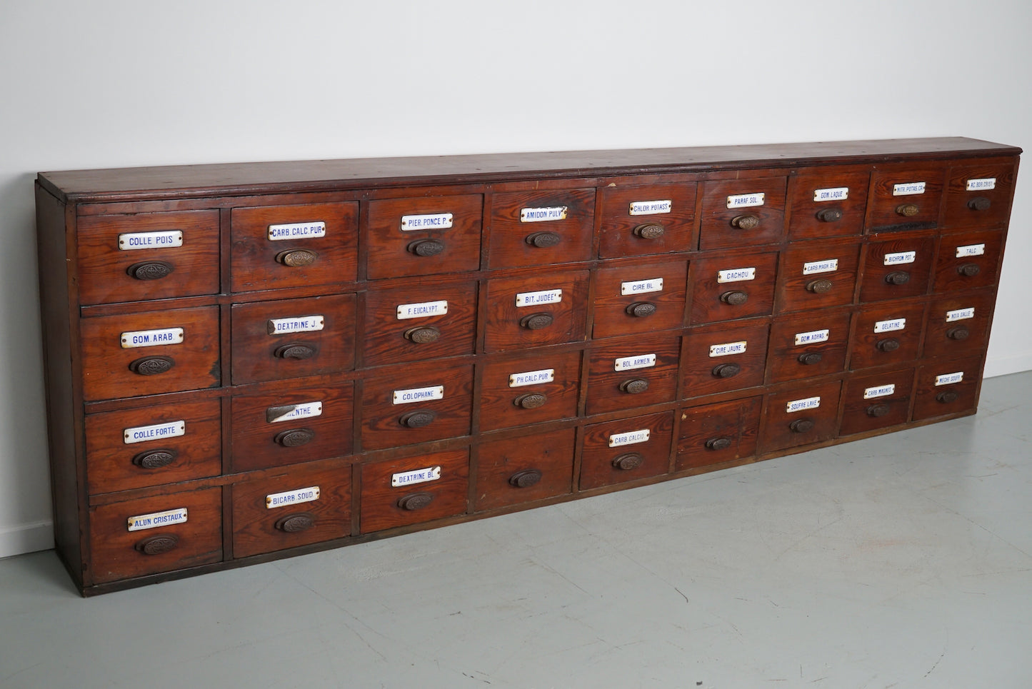 Large Antique Belgian Pitch Pine Apothecary Cabinet with Enamel Shields, 1900s