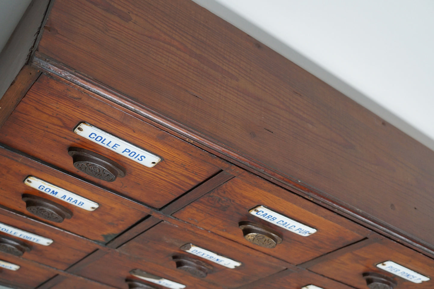 Large Antique Belgian Pitch Pine Apothecary Cabinet with Enamel Shields, 1900s