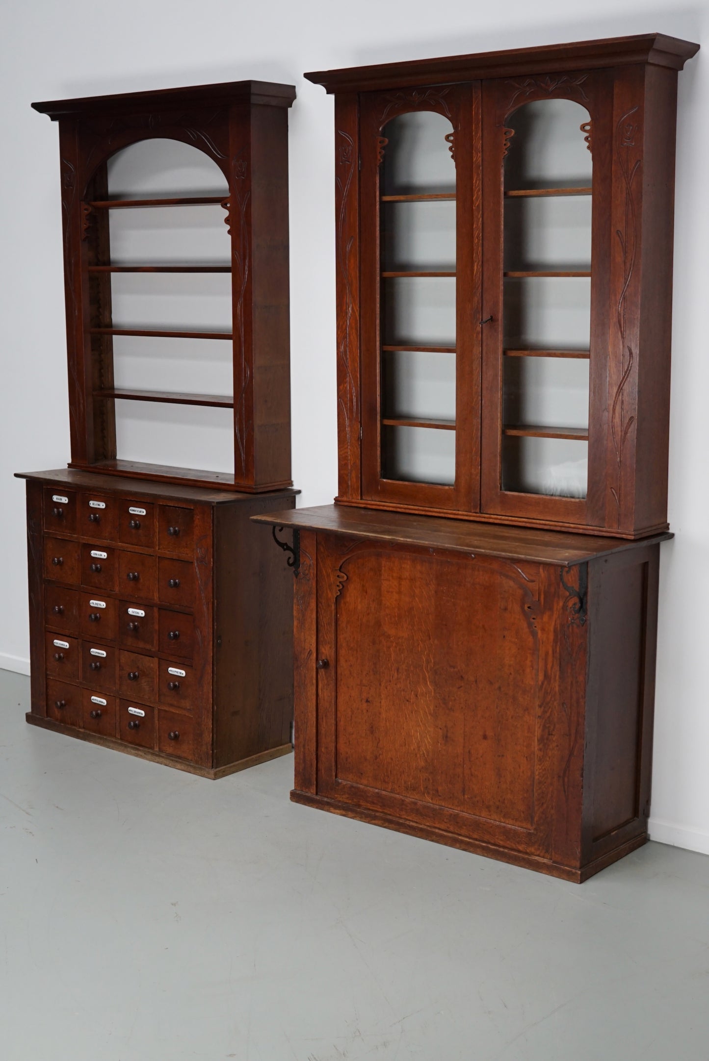 Pair of Art Nouveau Antique Dutch Oak Apothecary Cabinets / Vitrines ca 1904