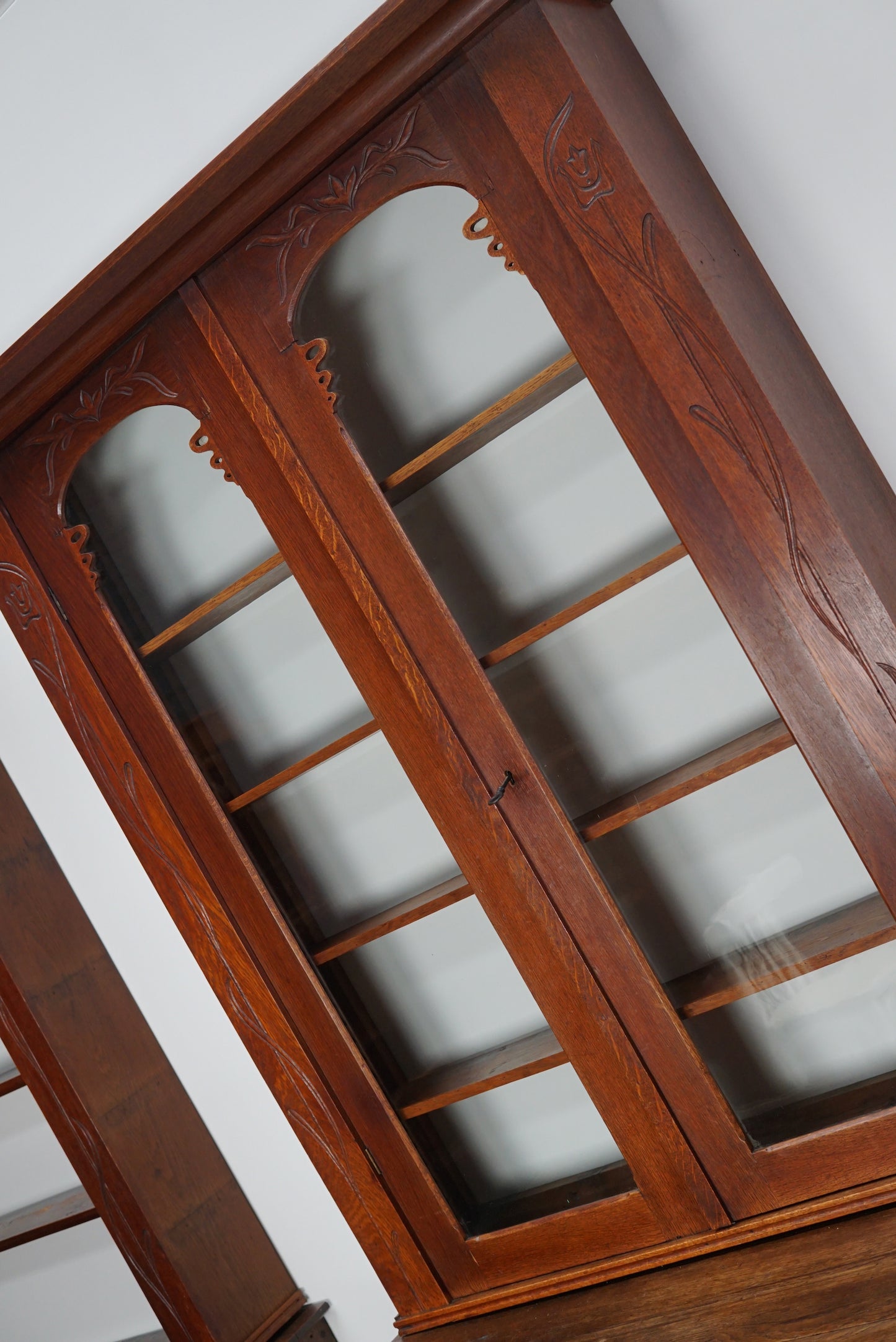 Pair of Art Nouveau Antique Dutch Oak Apothecary Cabinets / Vitrines ca 1904