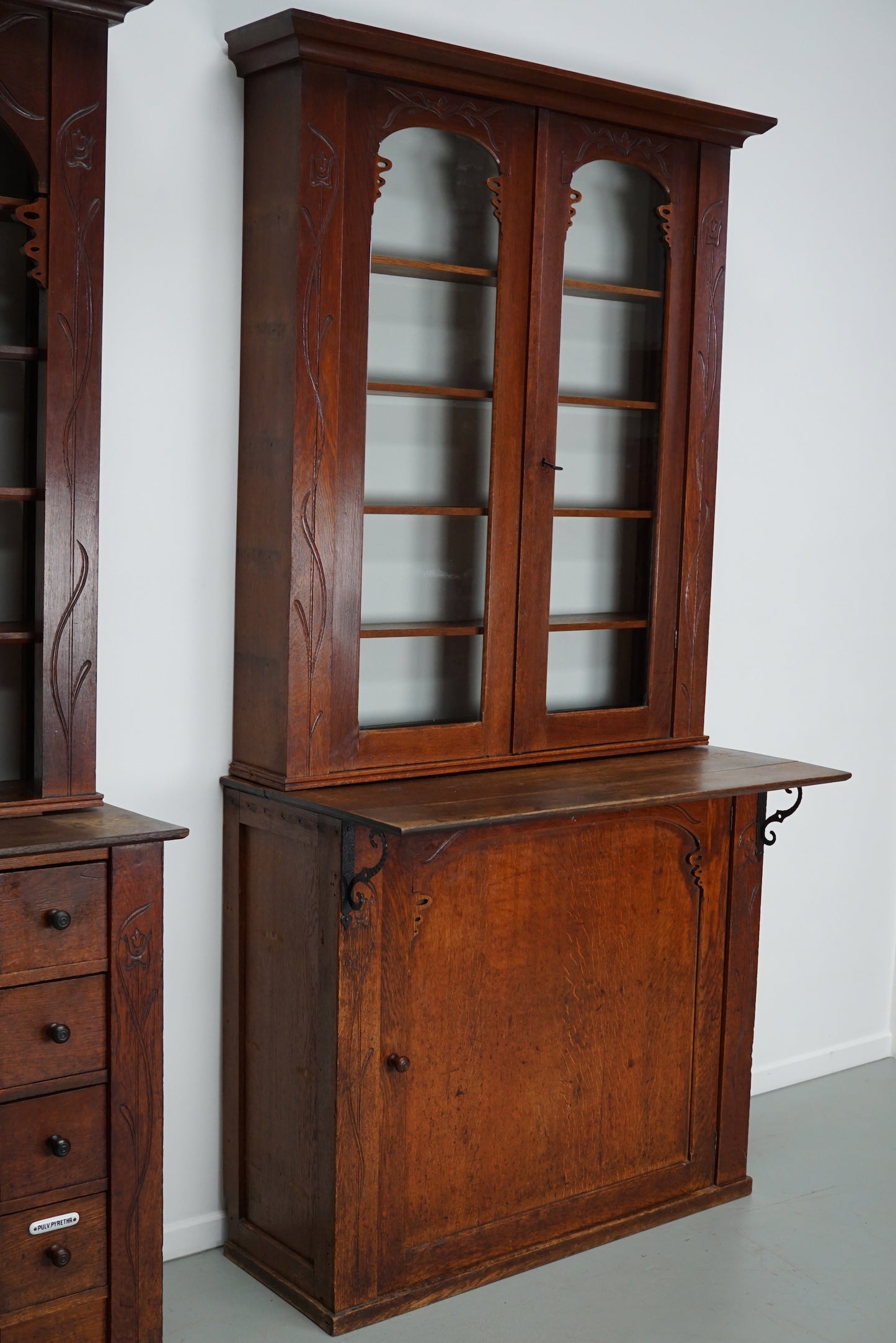 Pair of Art Nouveau Antique Dutch Oak Apothecary Cabinets / Vitrines ca 1904