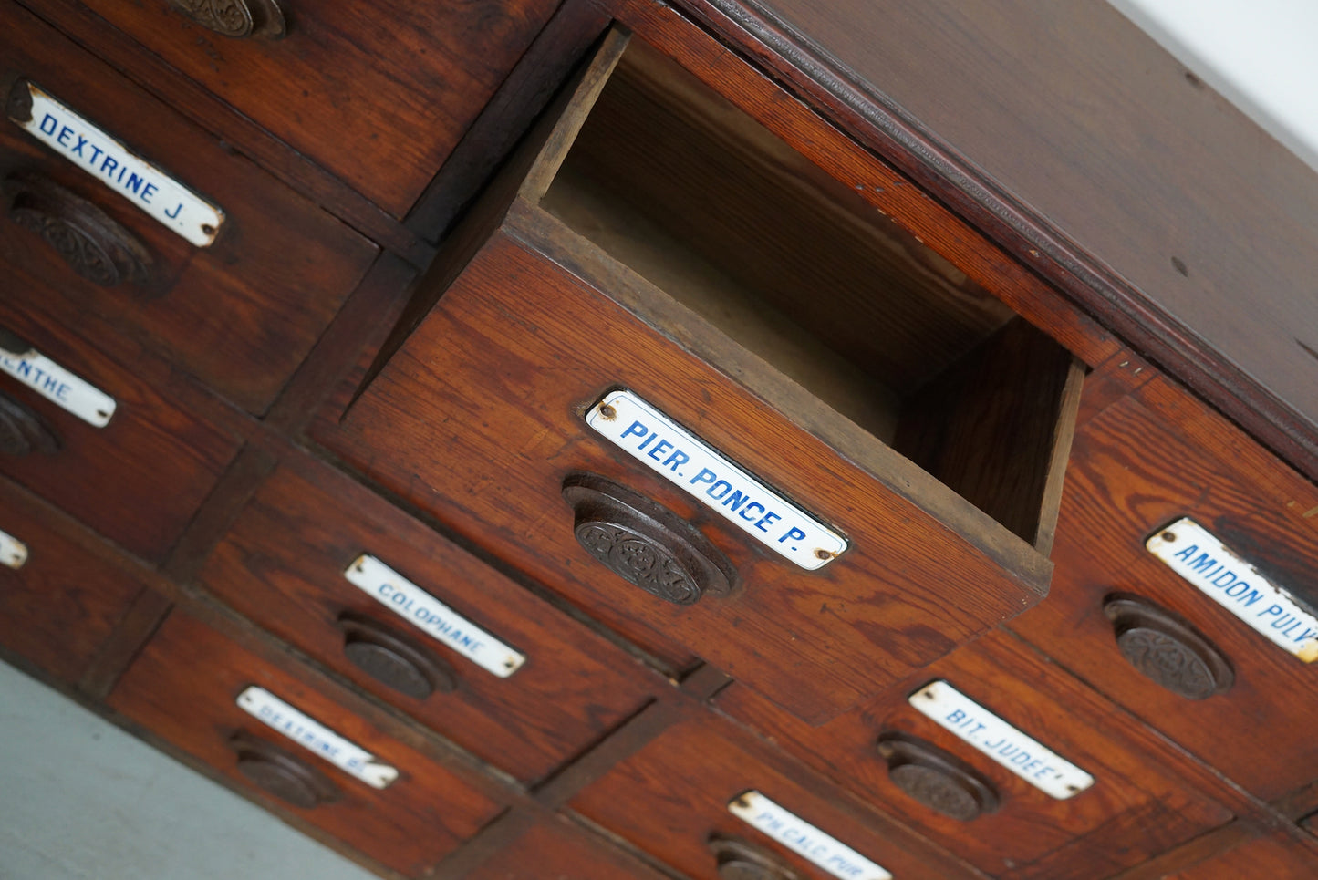 Large Antique Belgian Pitch Pine Apothecary Cabinet with Enamel Shields, 1900s