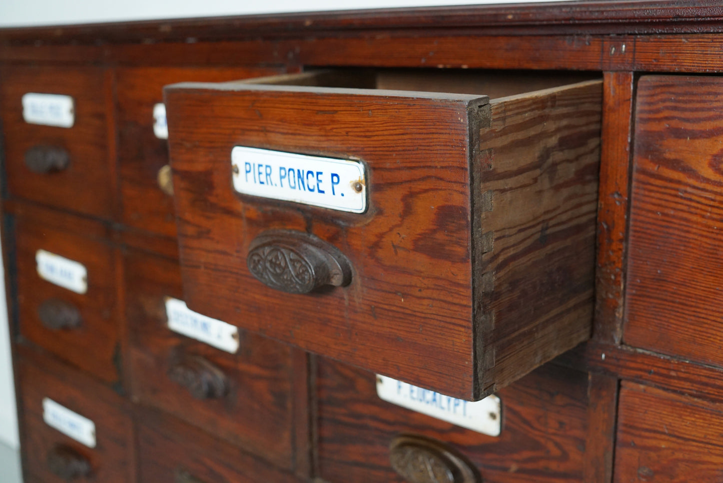 Large Antique Belgian Pitch Pine Apothecary Cabinet with Enamel Shields, 1900s