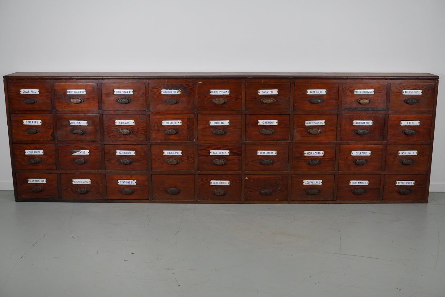 Large Antique Belgian Pitch Pine Apothecary Cabinet with Enamel Shields, 1900s