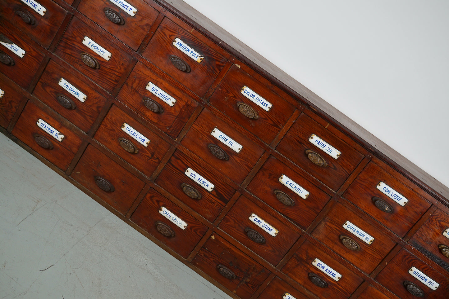 Large Antique Belgian Pitch Pine Apothecary Cabinet with Enamel Shields, 1900s
