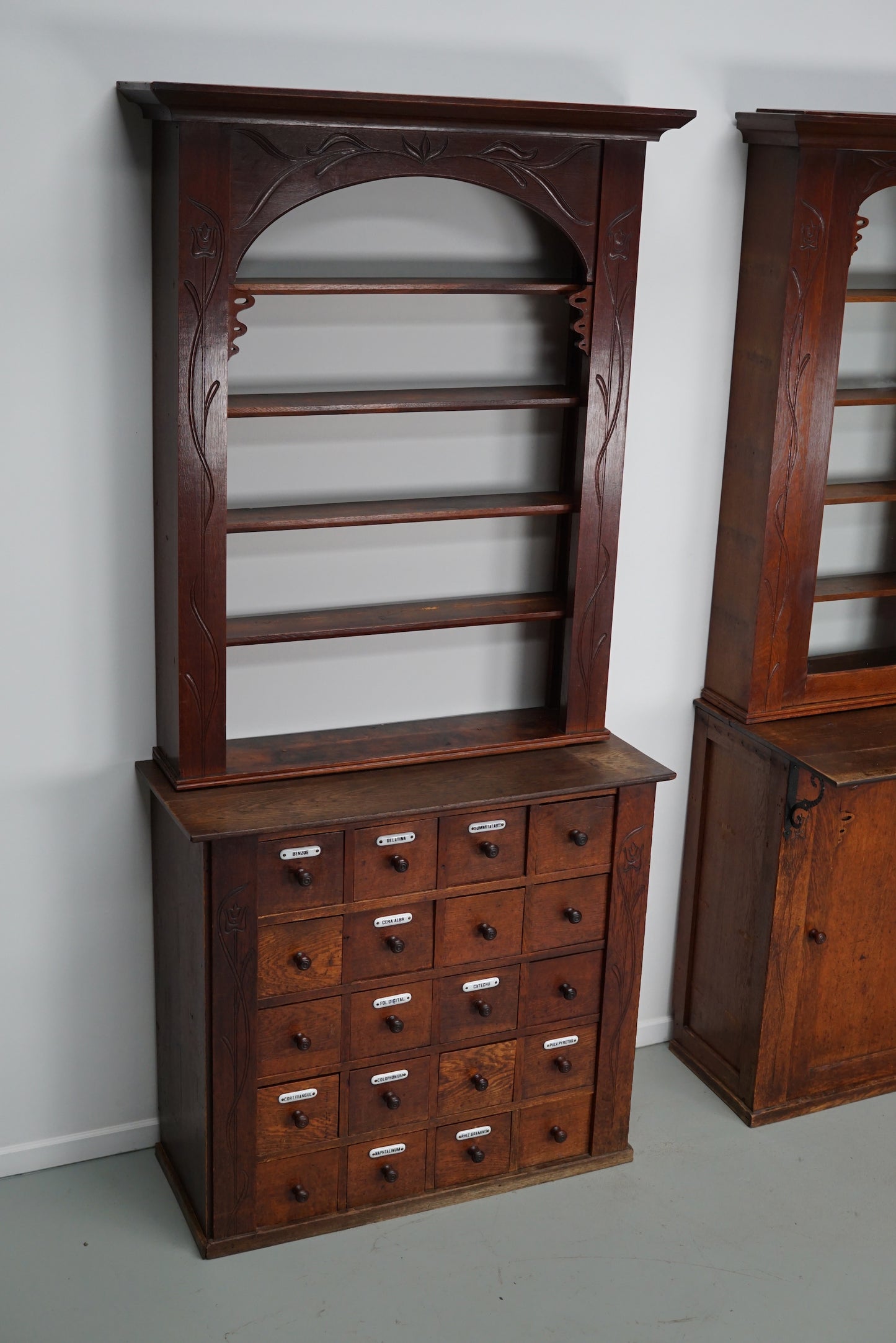 Pair of Art Nouveau Antique Dutch Oak Apothecary Cabinets / Vitrines ca 1904