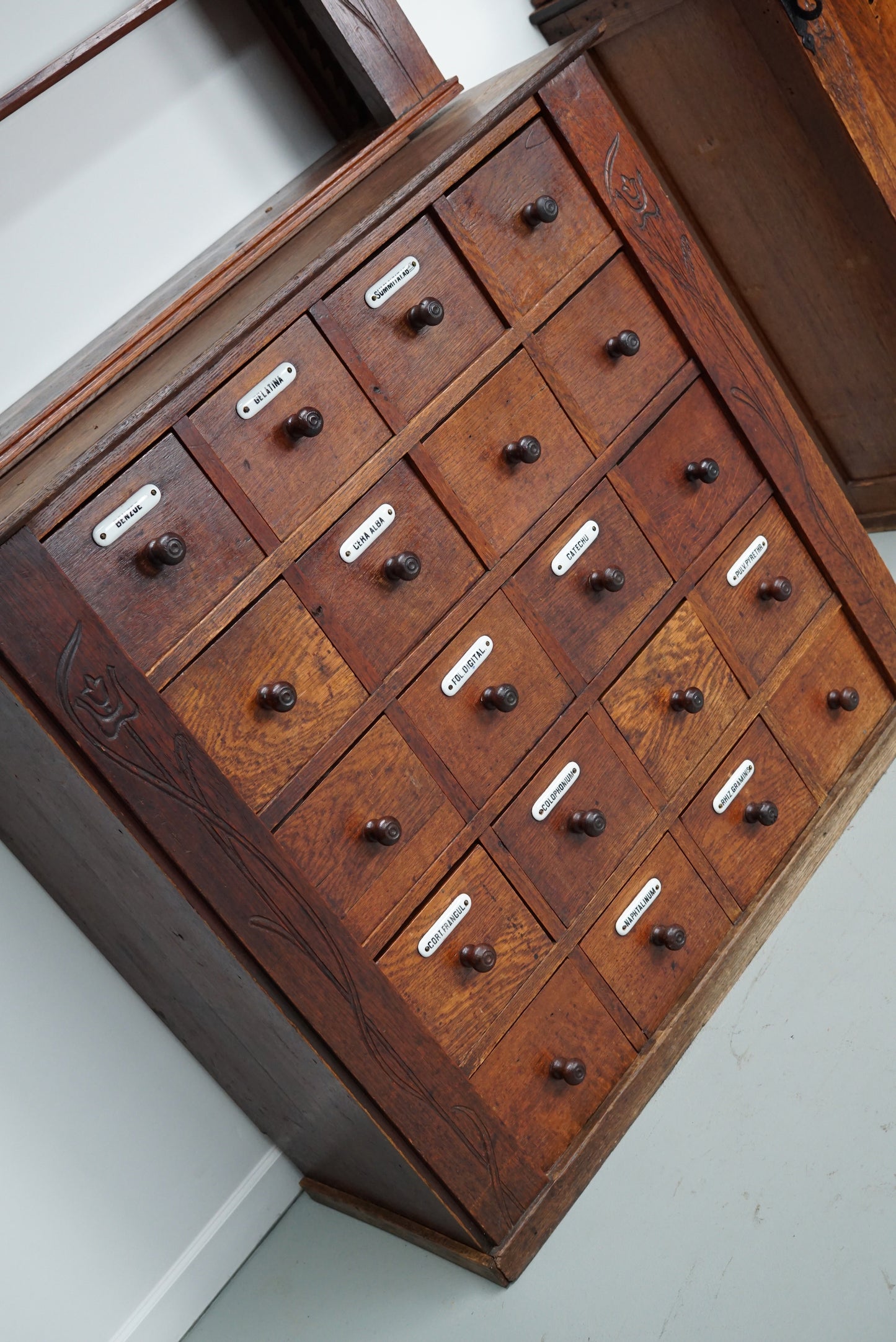 Pair of Art Nouveau Antique Dutch Oak Apothecary Cabinets / Vitrines ca 1904