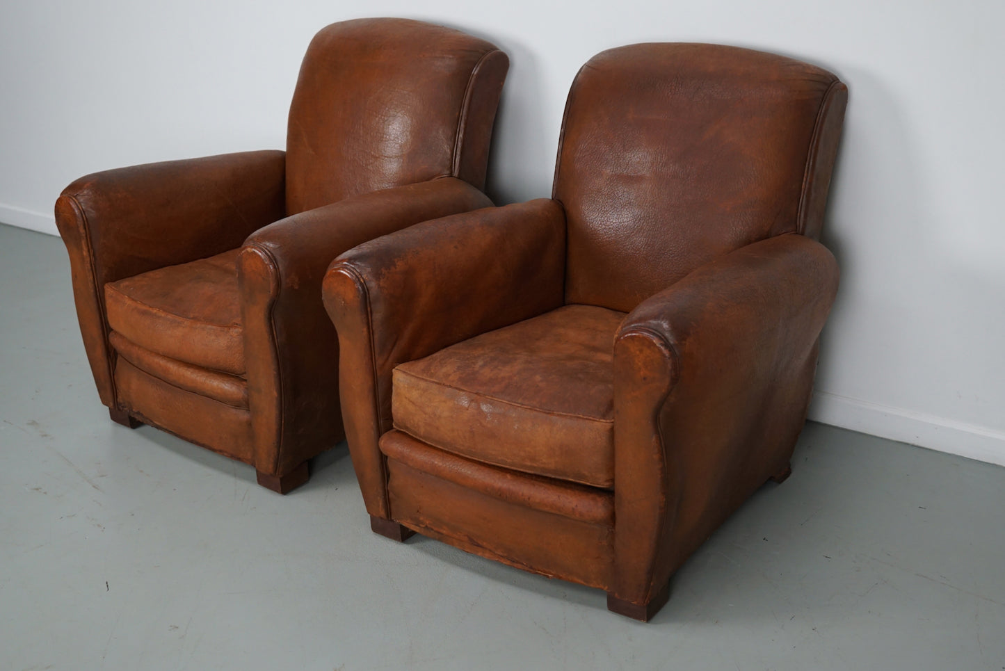 Pair of Vintage French Cognac Leather Club Chairs, Set of 2