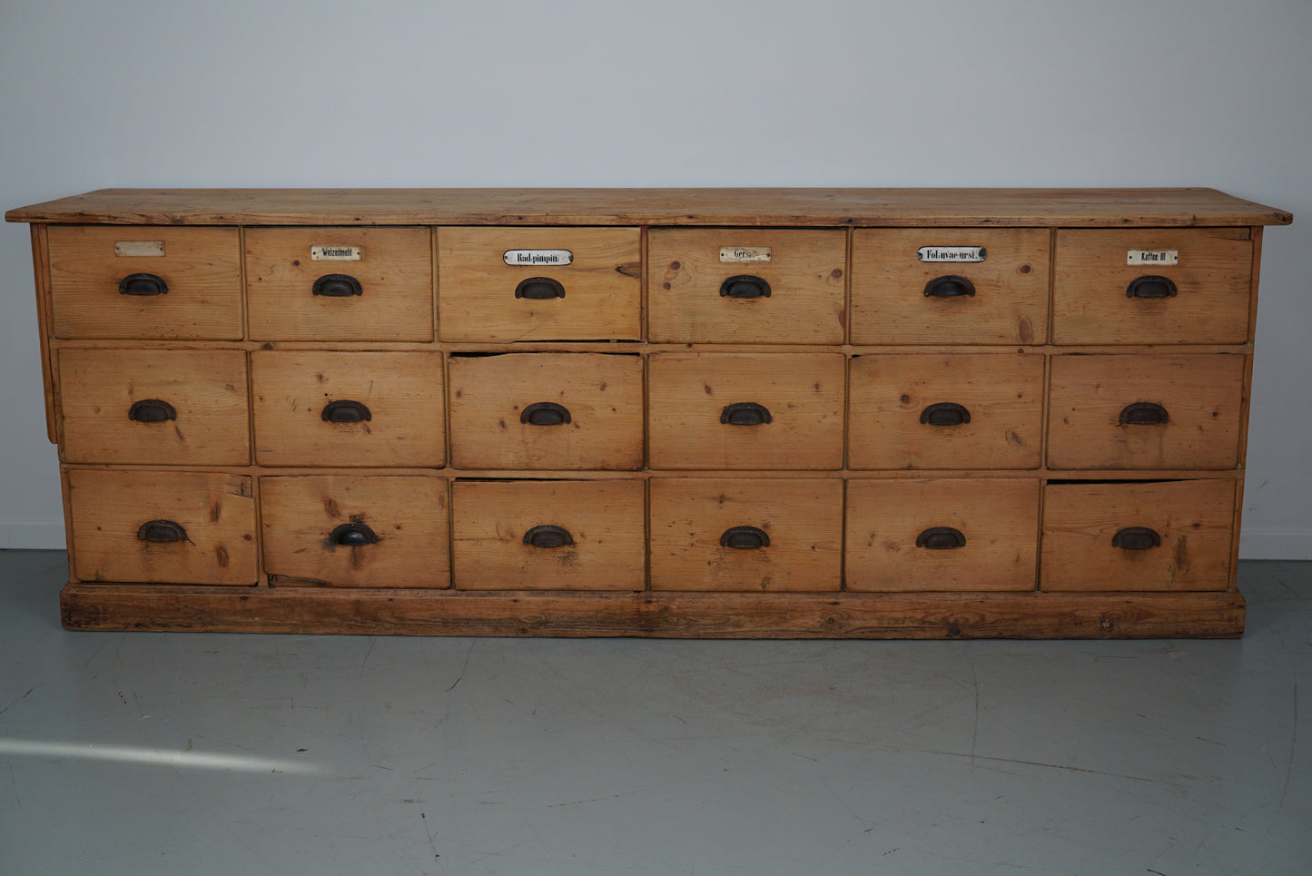 Antique Rustic Large German Pine Apothecary Cabinet / Shop Counter, 1900s