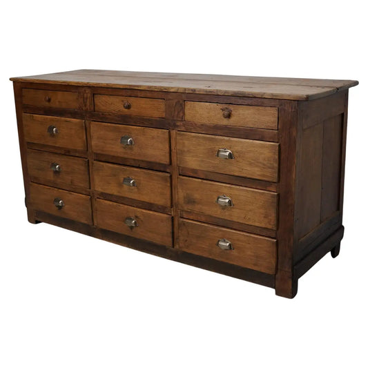 Antique French Oak and Beech Rustic Bank of Apothecary Drawers, Circa 1910