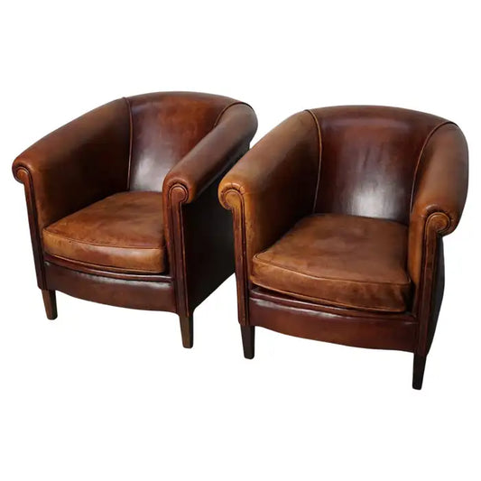 Vintage Dutch Cognac Colored Leather Club Chair, Set of 2