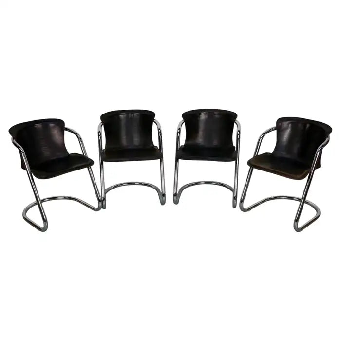 Set of Four Brown Leather Dining Chairs, Willy Rizzo, 1970s