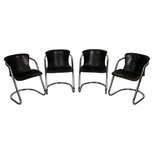 Set of Four Brown Leather Dining Chairs, Willy Rizzo, 1970s