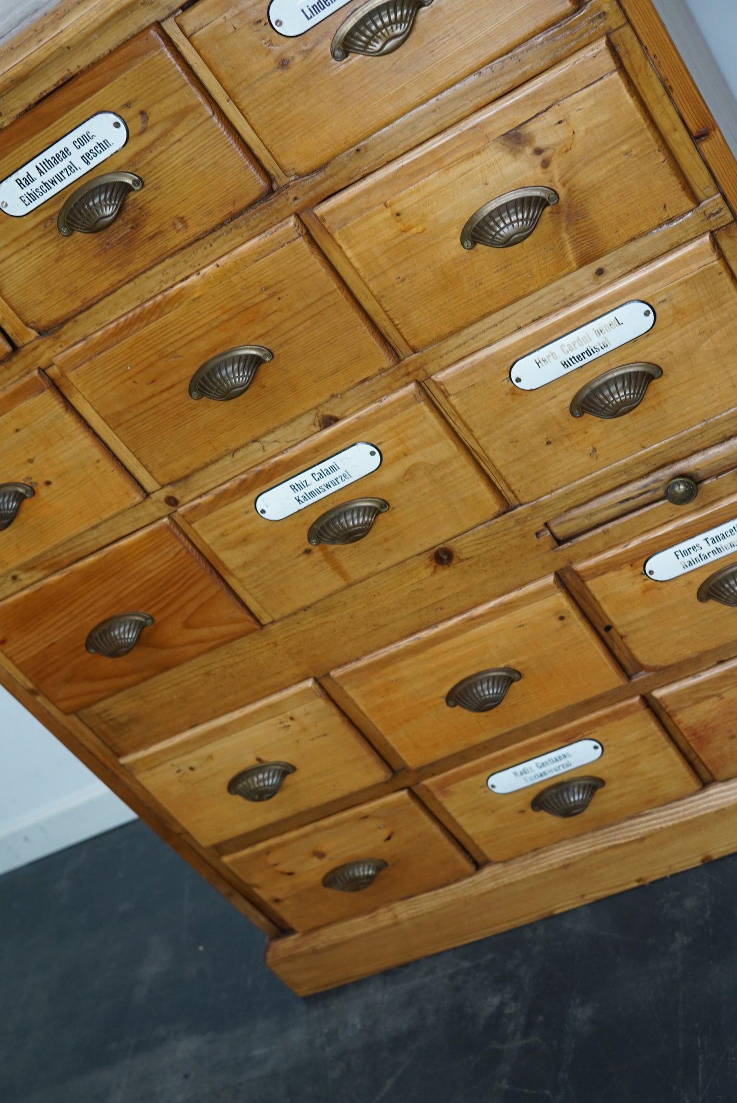 Antique German Pine Apothecary Cabinet with Enamel Shields, 1900s