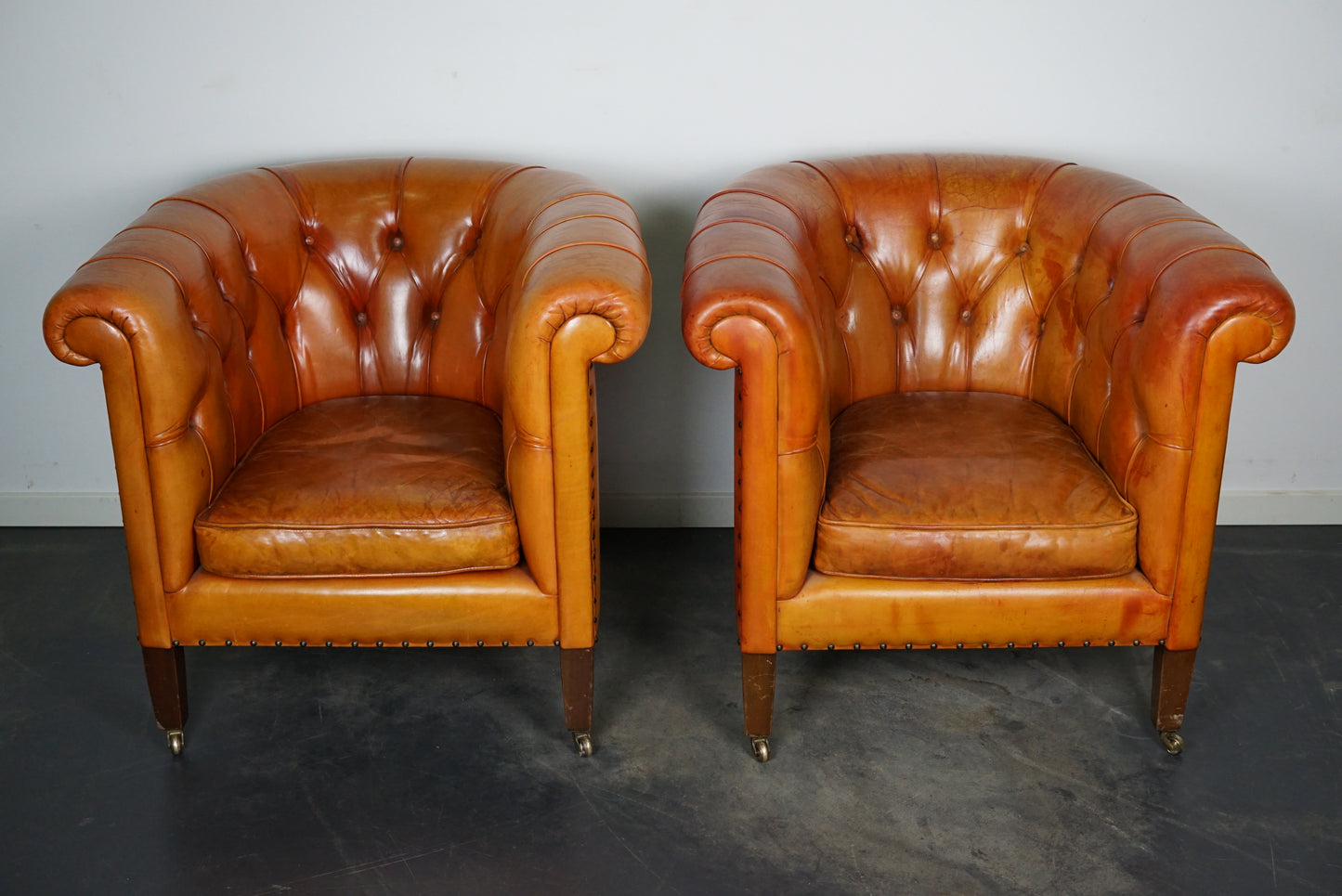 Vintage Dutch Chesterfield Cognac Leather Club Chairs, Set of 2