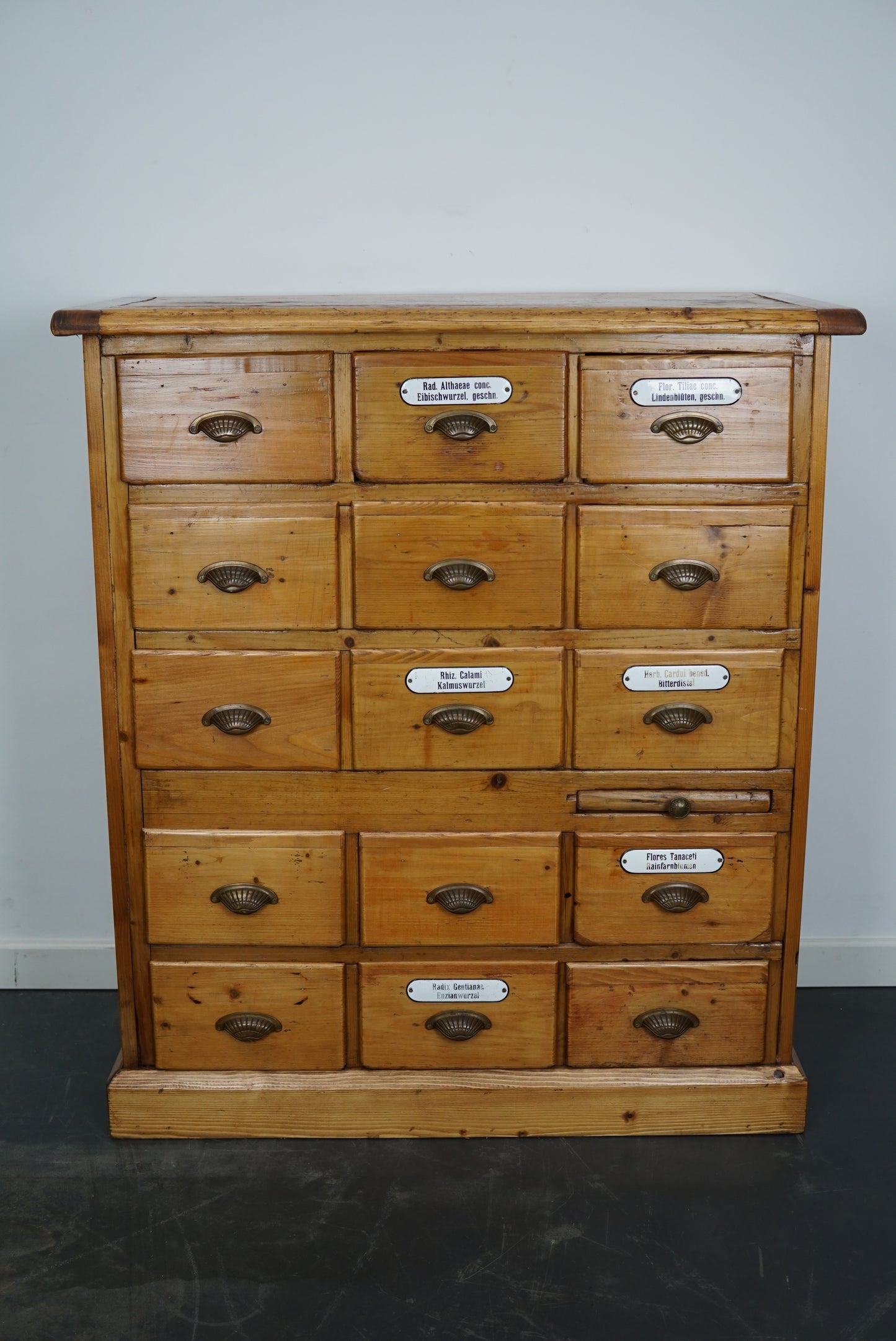 Antique German Pine Apothecary Cabinet with Enamel Shields, 1900s